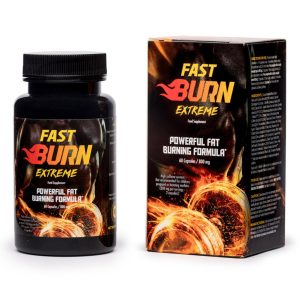 Fast Burn Extreme black bottle with fiery label, showcasing an extreme fat burner supplement for powerful fat burning and muscle definition.