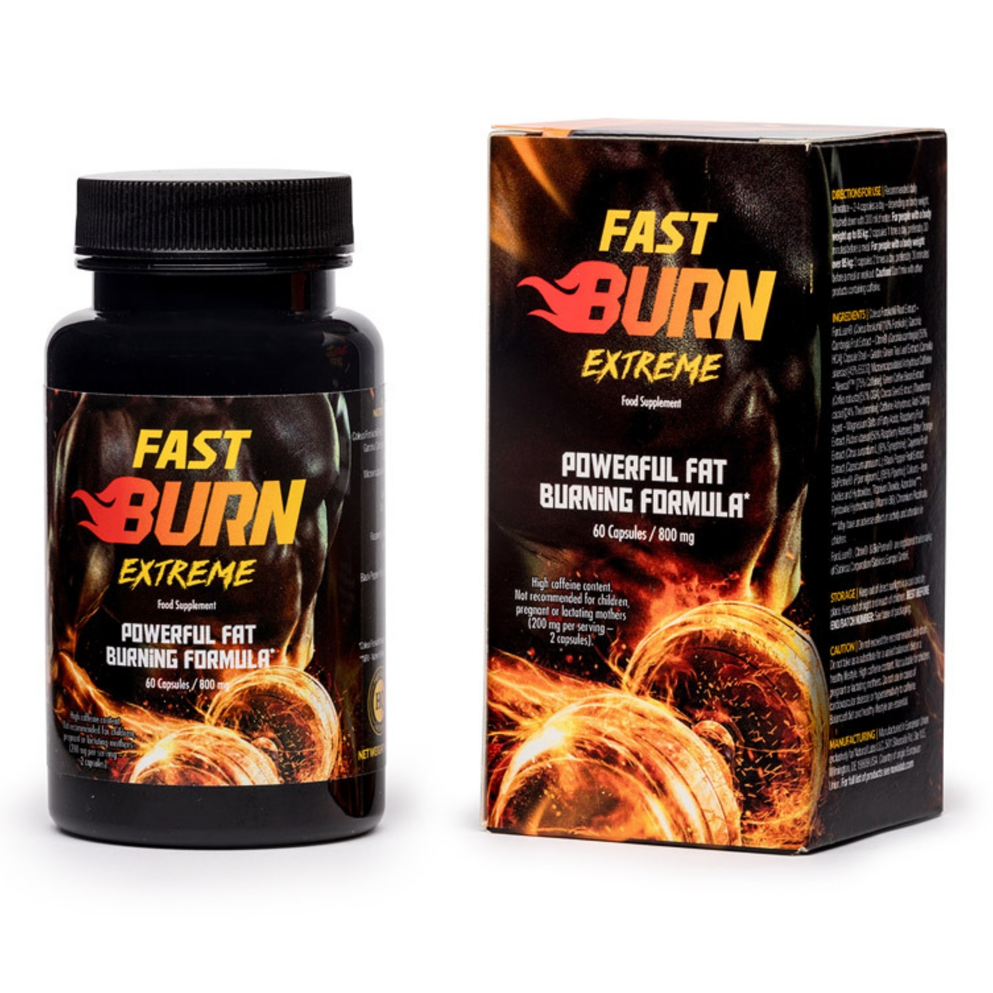 Fast Burn Extreme Fat Burner Fast Burn Extreme black bottle with fiery label, showcasing an extreme fat burner supplement for powerful fat burning and muscle definition.