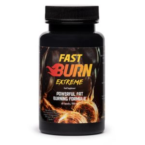 Fast Burn Extreme black bottle with fiery label, showcasing an extreme fat burner supplement for powerful fat burning and muscle definition.