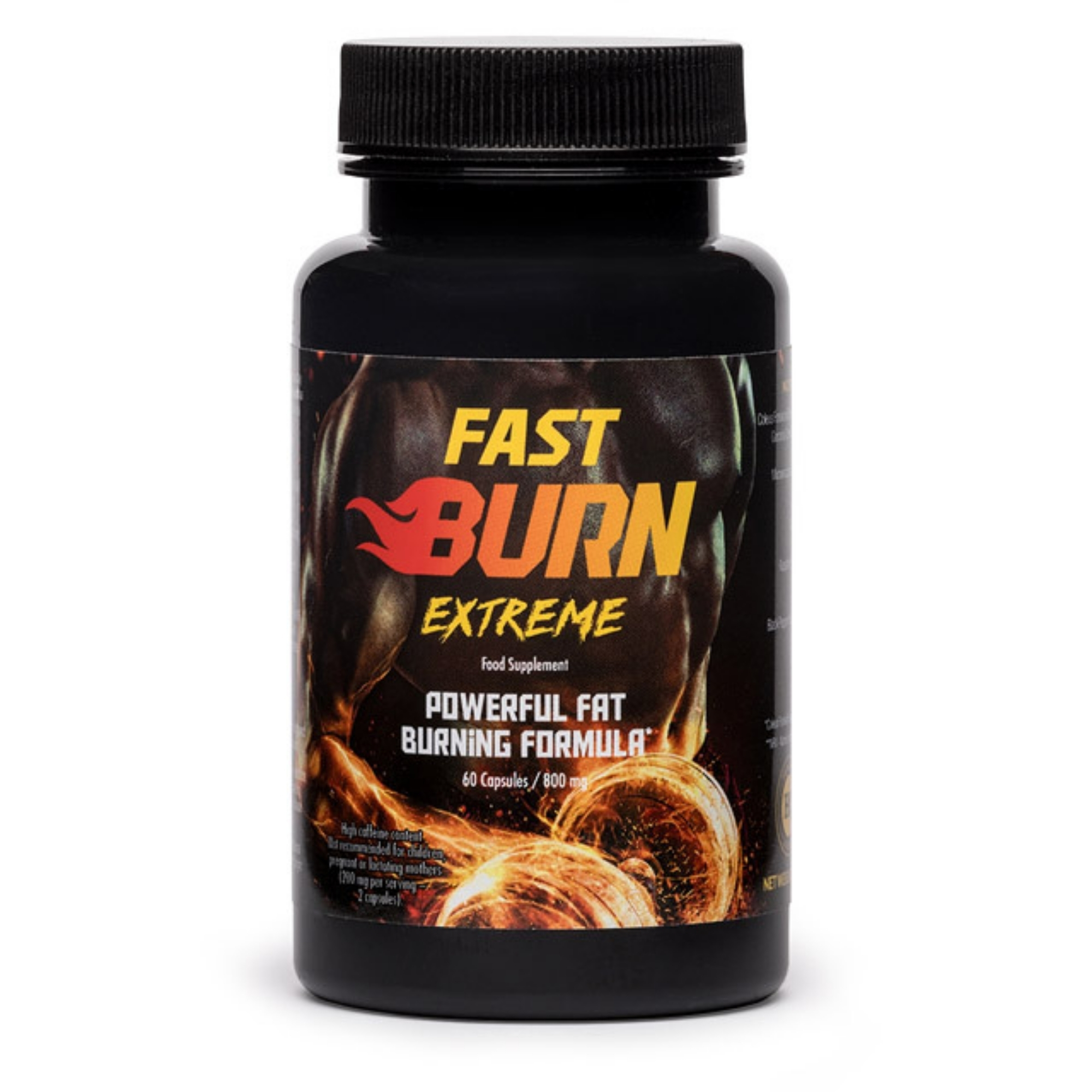 Fast Burn Extreme Fat Burner Fast Burn Extreme black bottle with fiery label, showcasing an extreme fat burner supplement for powerful fat burning and muscle definition.
