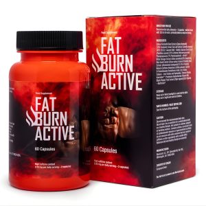 Fat Burn Active box packaging with red fiery design and torso of a fit athlete, representing a powerful active fat burner for weight loss.