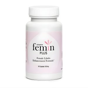 Femin Plus female libido support white bottle with pink label, natural supplement to boost desire, arousal, and lubrication.