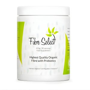 Fibre Select prebiotic fibre blend white tub with green accents, organic fibre powder for digestion and gut health.