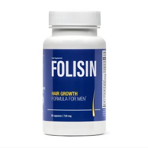 Folisin hair growth supplement blue and white bottle, hair growth supplement for men targeting DHT and follicle nutrition.