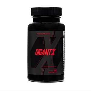 GigantX male enhancement formula black bottle with red logo, male enhancement formula capsules for erections, size, and stamina.