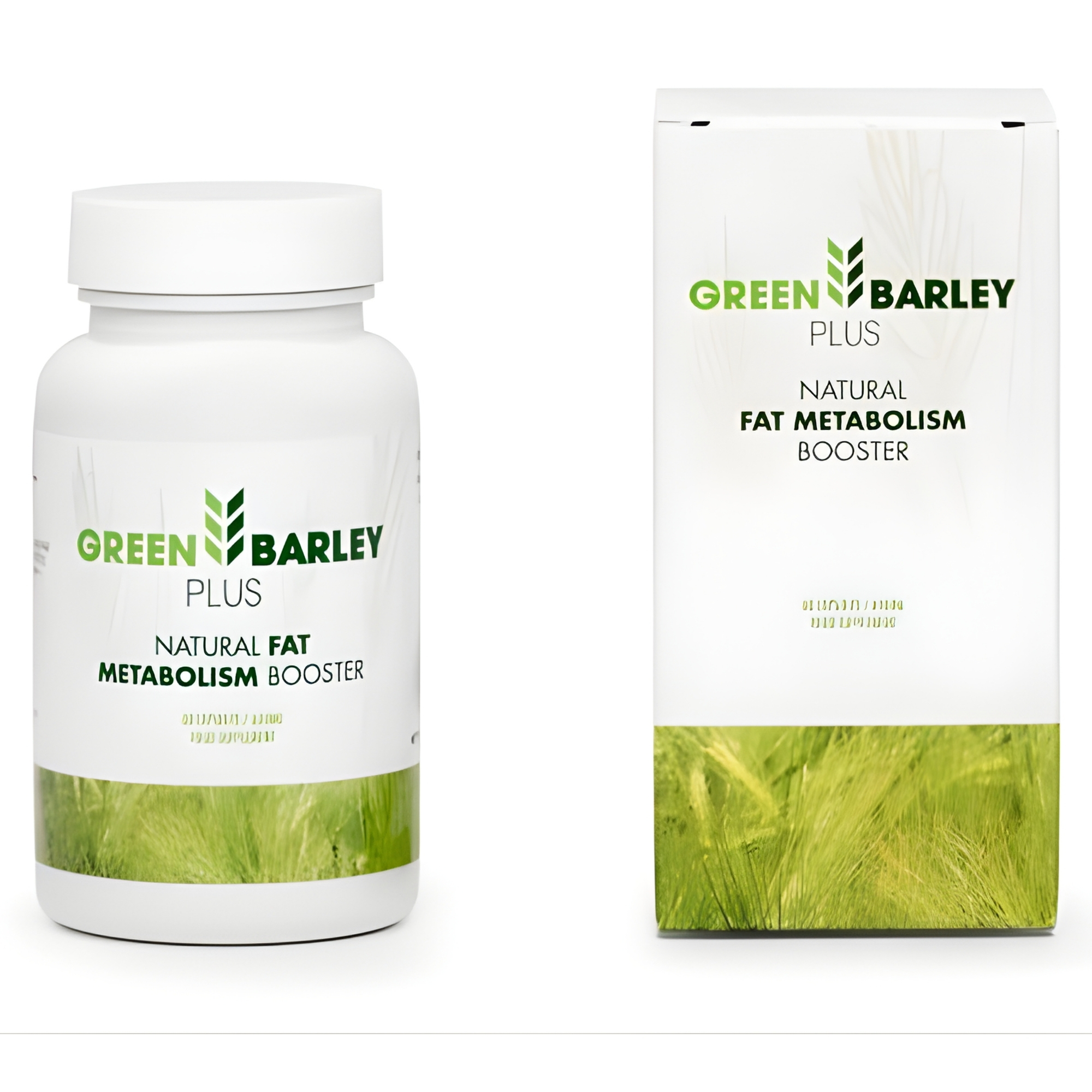 Green Barley Plus Fat Burner Green Barley Plus box with green grass graphic, presenting a natural barley fat burner supplement for fat metabolism and detox support.