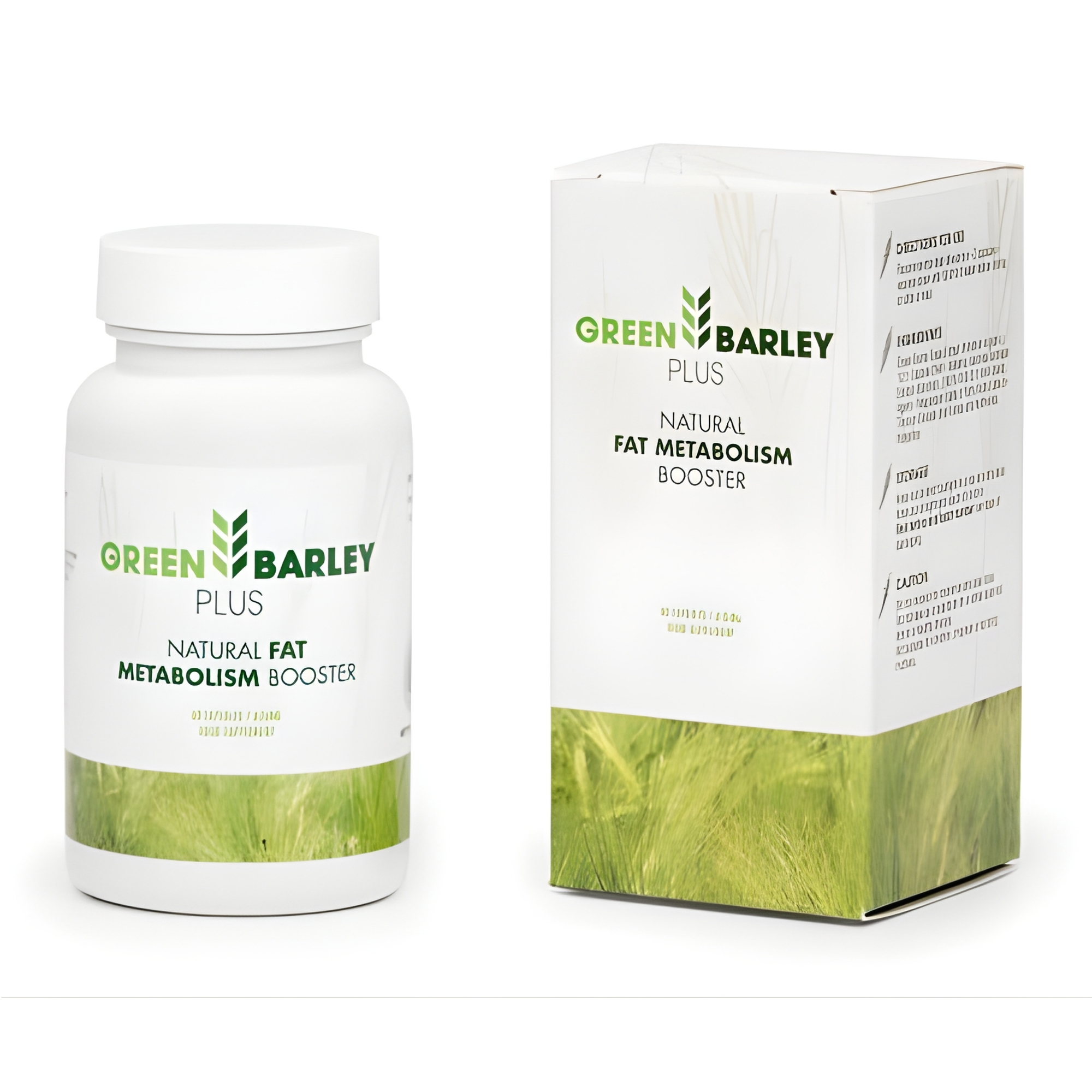 Green Barley Plus Fat Burner Green Barley Plus box with green grass graphic, presenting a natural barley fat burner supplement for fat metabolism and detox support.