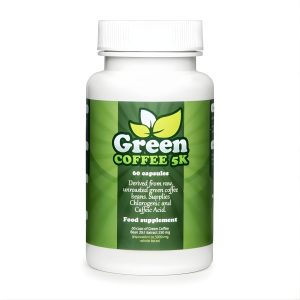 Green Coffee 5K white bottle with green label, showcasing a powerful green coffee supplement with chlorogenic acid for metabolism and weight support.