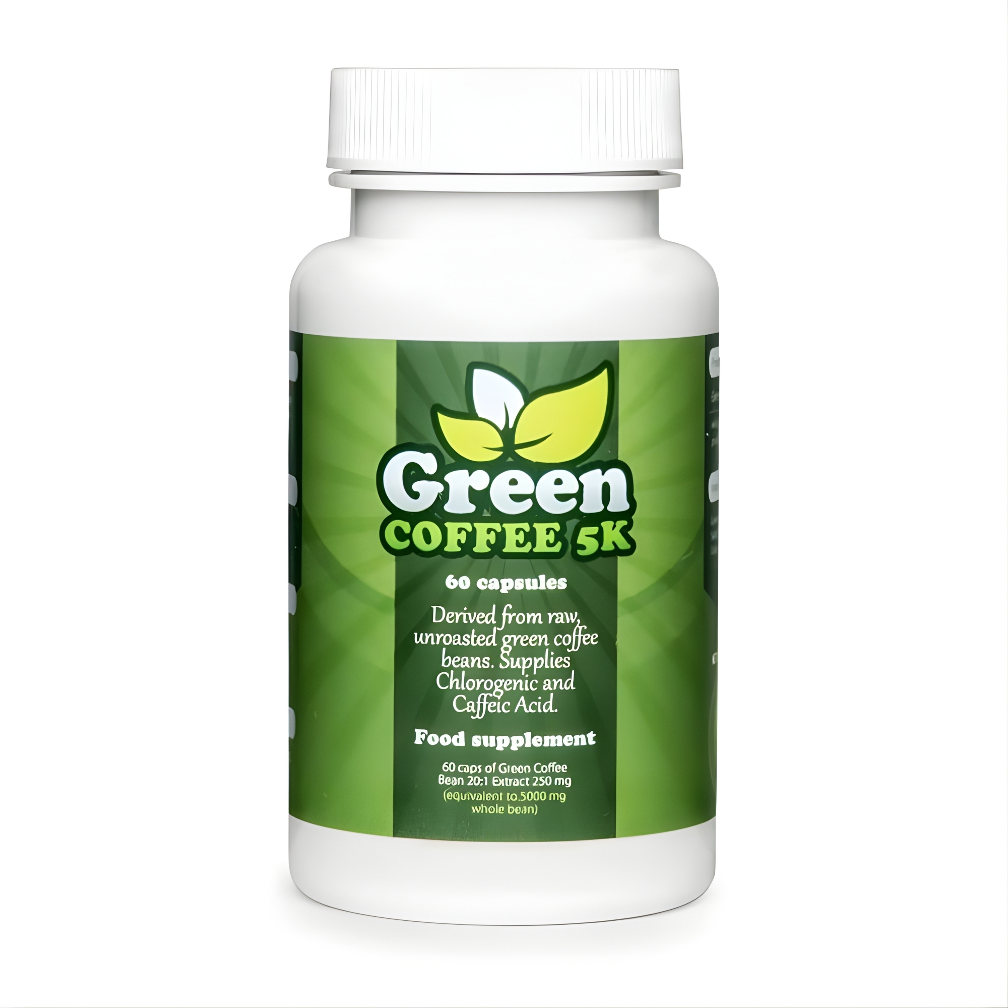 Green Coffee 5K Supplement Capsules Green Coffee 5K white bottle with green label, showcasing a powerful green coffee supplement with chlorogenic acid for metabolism and weight support.