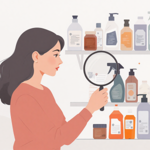 Woman reading labels on household products to identify surprising causes of hormone imbalance like endocrine disruptors.