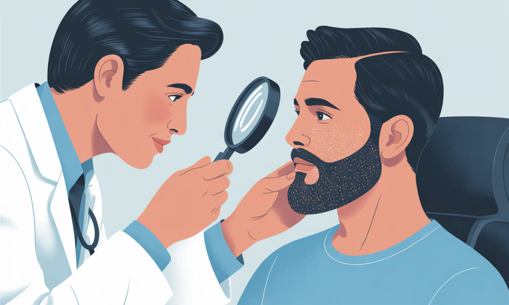 Dermatologist examining patient's beard and skin to diagnose beardruff condition safely