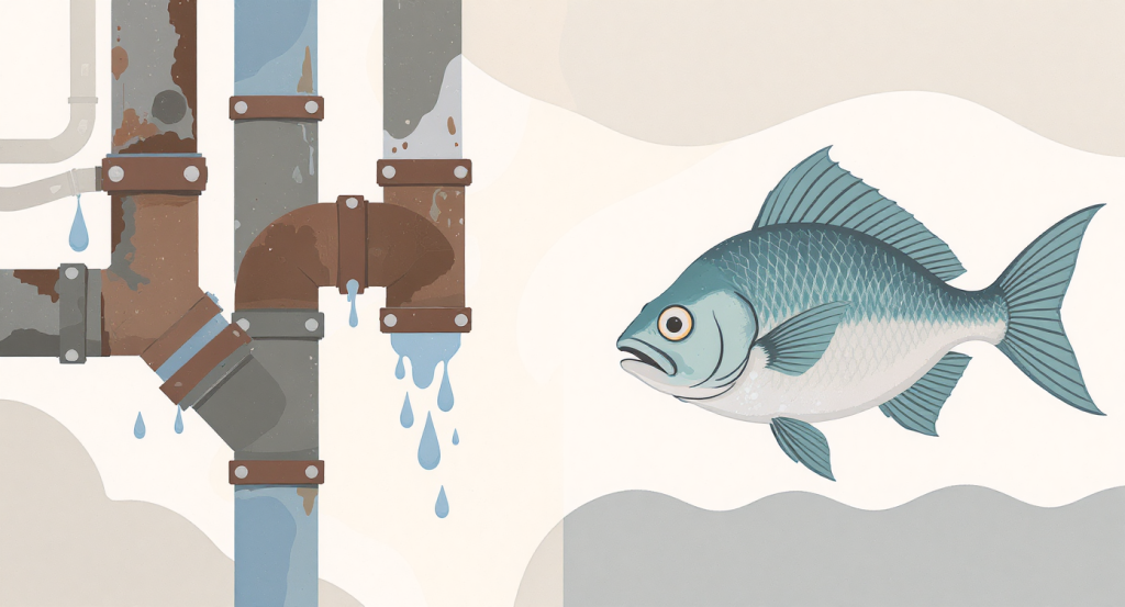 Illustration showing common sources of heavy metal exposure that cause surprising hormone imbalance including old pipes and fish.