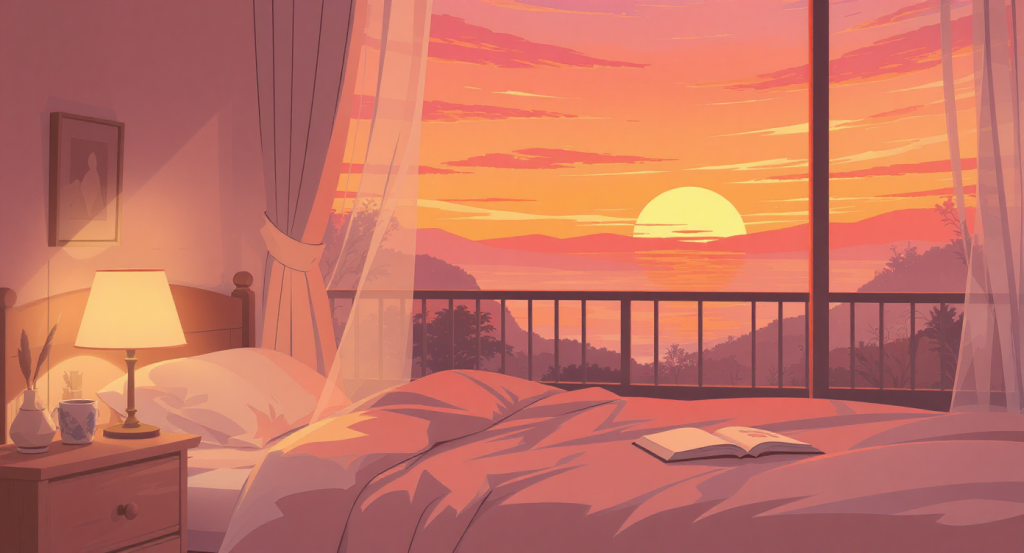 A cozy bedroom scene with a book and warm lamp, illustrating a digital sunset routine.