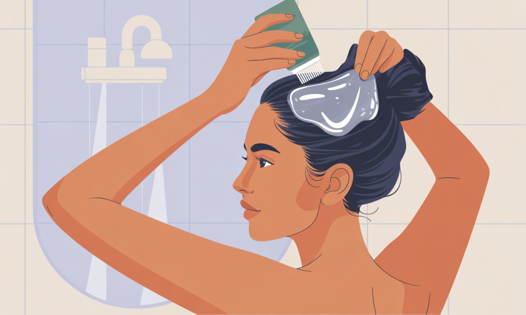 A woman applying a clear aloe gel mask to her scalp and hair roots.