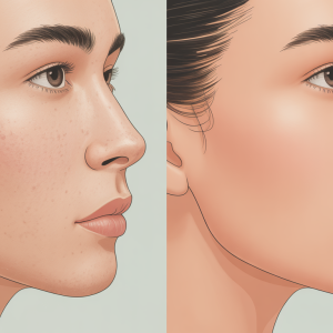 A split-screen comparison showing textured skin with acne scars on the left and smooth, clear skin on the right, with a soft, medical-grade aesthetic.