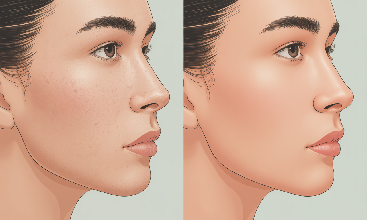 A split-screen comparison showing textured skin with acne scars on the left and smooth, clear skin on the right, with a soft, medical-grade aesthetic.