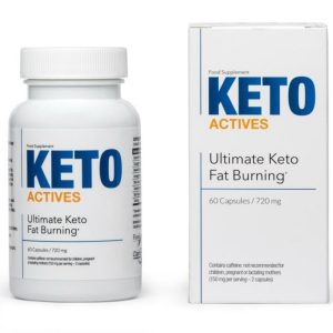 Keto Actives bottle packaging showing advanced keto diet support capsules for faster fat burning and stable energy.