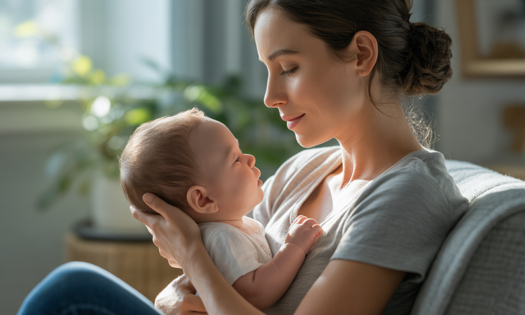 A mother practicing deep breathing with her eyes closed while holding her baby.
