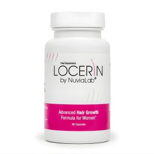 Locerin women’s hair growth supplement white bottle with pink label, advanced women’s hair growth capsules for stronger, thicker hair.