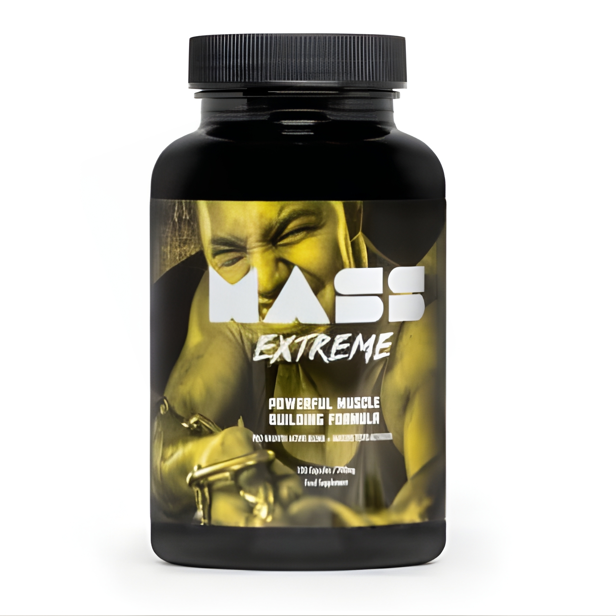 Mass Extreme muscle mass builder black bottle with yellow label, designed as a muscle mass builder for faster size and strength gains.