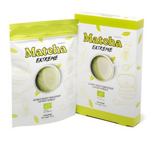 Matcha Extreme premium weight loss tea packaging showing a pouch and box with green branding and a cup of matcha latte, designed for metabolism boosting and detox.