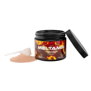 Meltamin black tub packaging with fiery graphic design, representing a cactus-flavored fat burning drink for weight loss and muscle definition.
