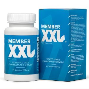 Member XXL male enhancement supplement blue box and bottle, male enhancement supplement capsules for size, erections, and stamina.