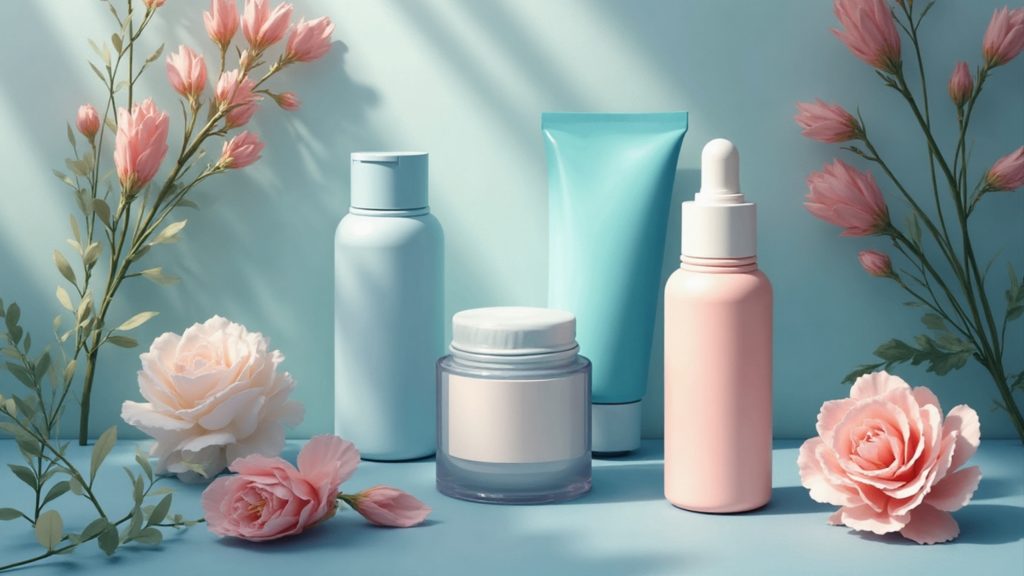 Minimal skincare routine layout with gentle cleanser, ceramide moisturizer, and SPF labeled as barrier-friendly.