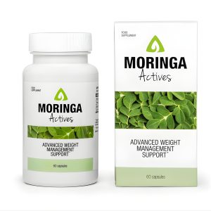 Moringa Actives bottle and box packaging with green leaf design, representing a natural moringa weight loss supplement for healthy slimming.