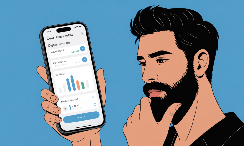 Man using smartphone app to track beard care routine and beardruff prevention progress