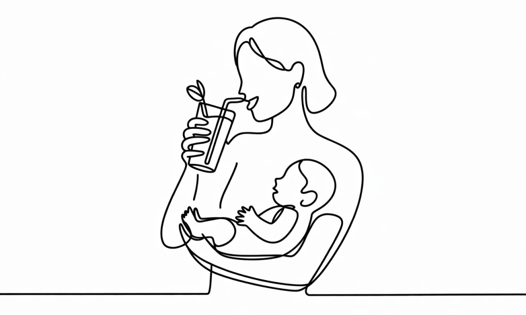 A mother drinking a smoothie while holding her baby.