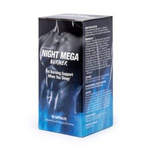 Night Mega Burner box packaging featuring a fit torso, representing a premium nighttime fat burner supplement for weight loss and sleep support.