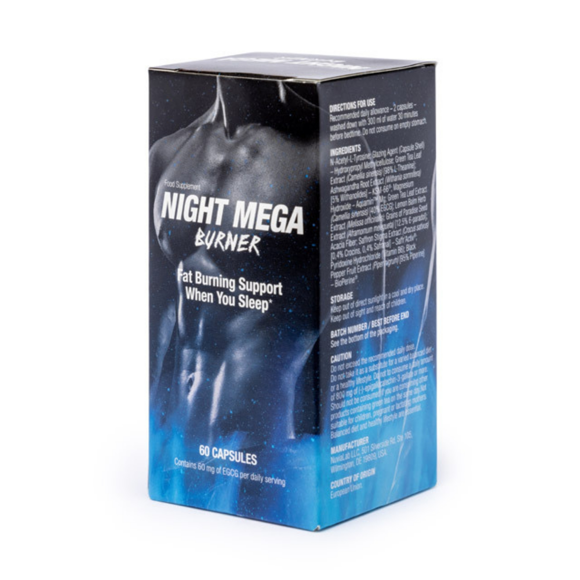 Night Mega Burner_ Premium Nighttime Fat Burner Night Mega Burner box packaging featuring a fit torso, representing a premium nighttime fat burner supplement for weight loss and sleep support.