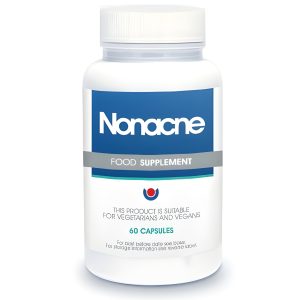 Nonacne white bottle acne supplement for vegetarians and vegans, showcasing a nonacne acne supplement designed to support clearer skin from within.