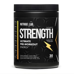 Nutrigo Lab Pre Workout Strength black tub, pre workout strength powder for pump, power, energy, and focus.