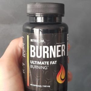 Nutrigo Lab Burner black bottle with flame icon, showcasing a powerful thermogenic fat burner for athletes and advanced weight loss.