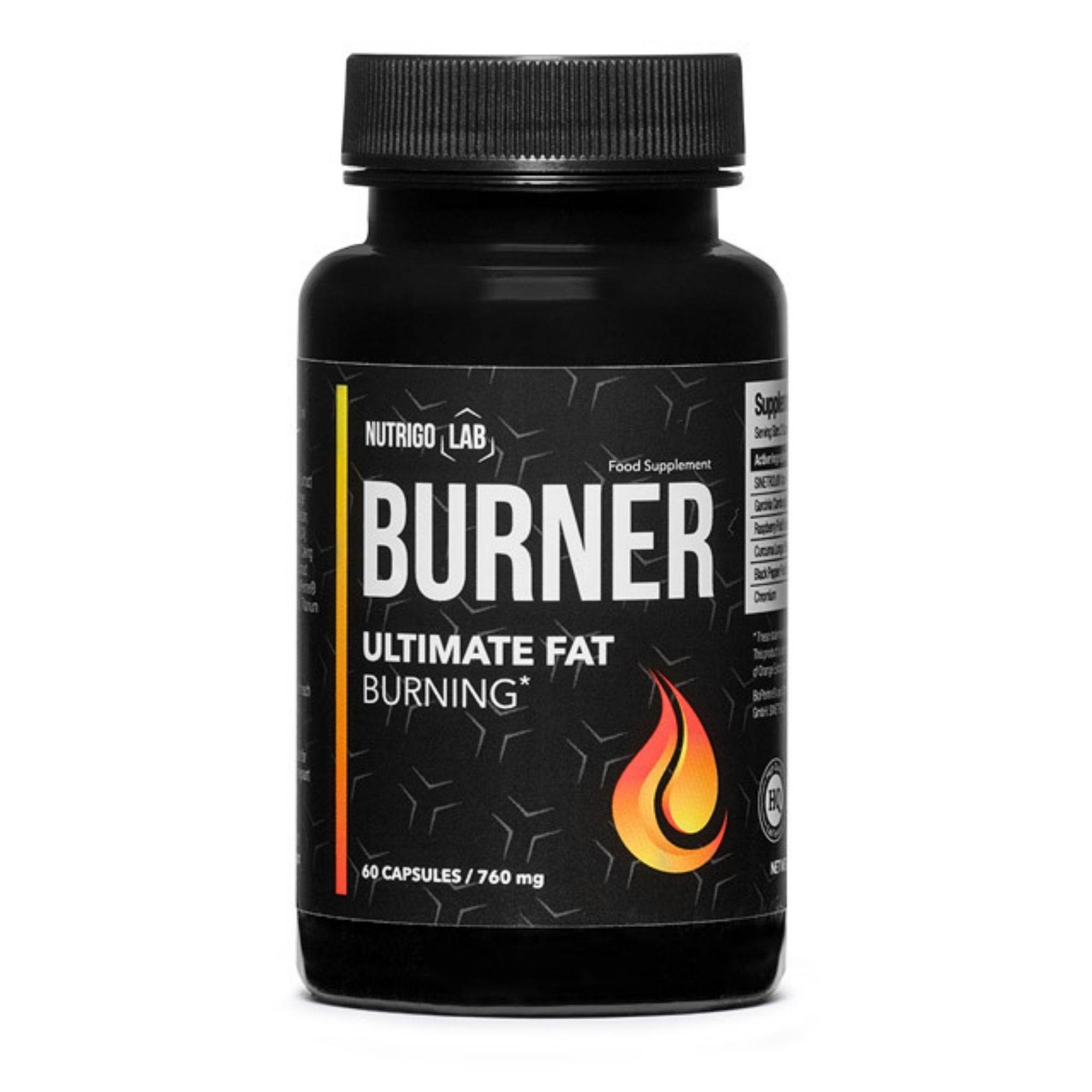 nutrigo lab thermogenic fat burner Nutrigo Lab Burner black bottle with flame icon, showcasing a powerful thermogenic fat burner for athletes and advanced weight loss.