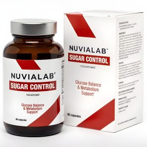 NuviaLab Blood Sugar Support bottle and box, featuring blood sugar support capsules for glucose balance and metabolism.
