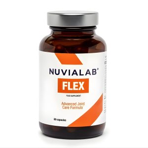 NuviaLab Flex joint care formula amber bottle with orange label, joint care formula capsules for flexible, comfortable movement.