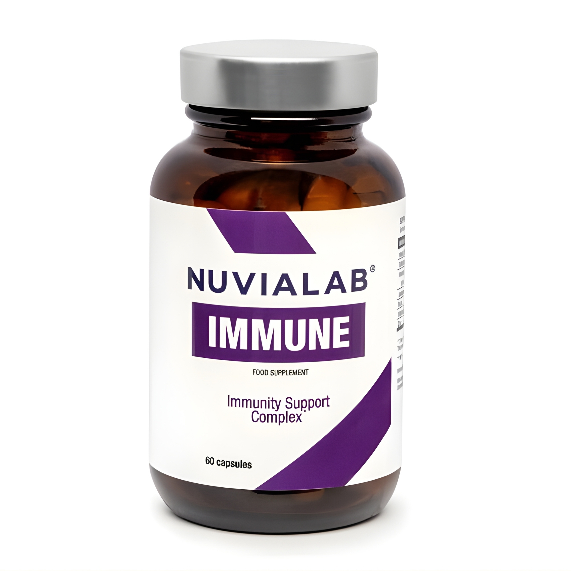 NuviaLab Immune support complex amber bottle with purple label, immune support complex capsules for daily defence and resilience.