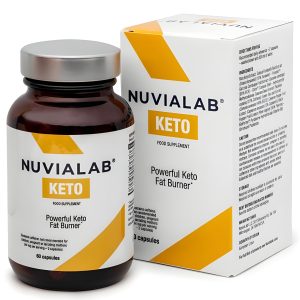 NuviaLab Keto bottle and box packaging with orange and white design, representing a premium keto fat burner supplement for weight management.