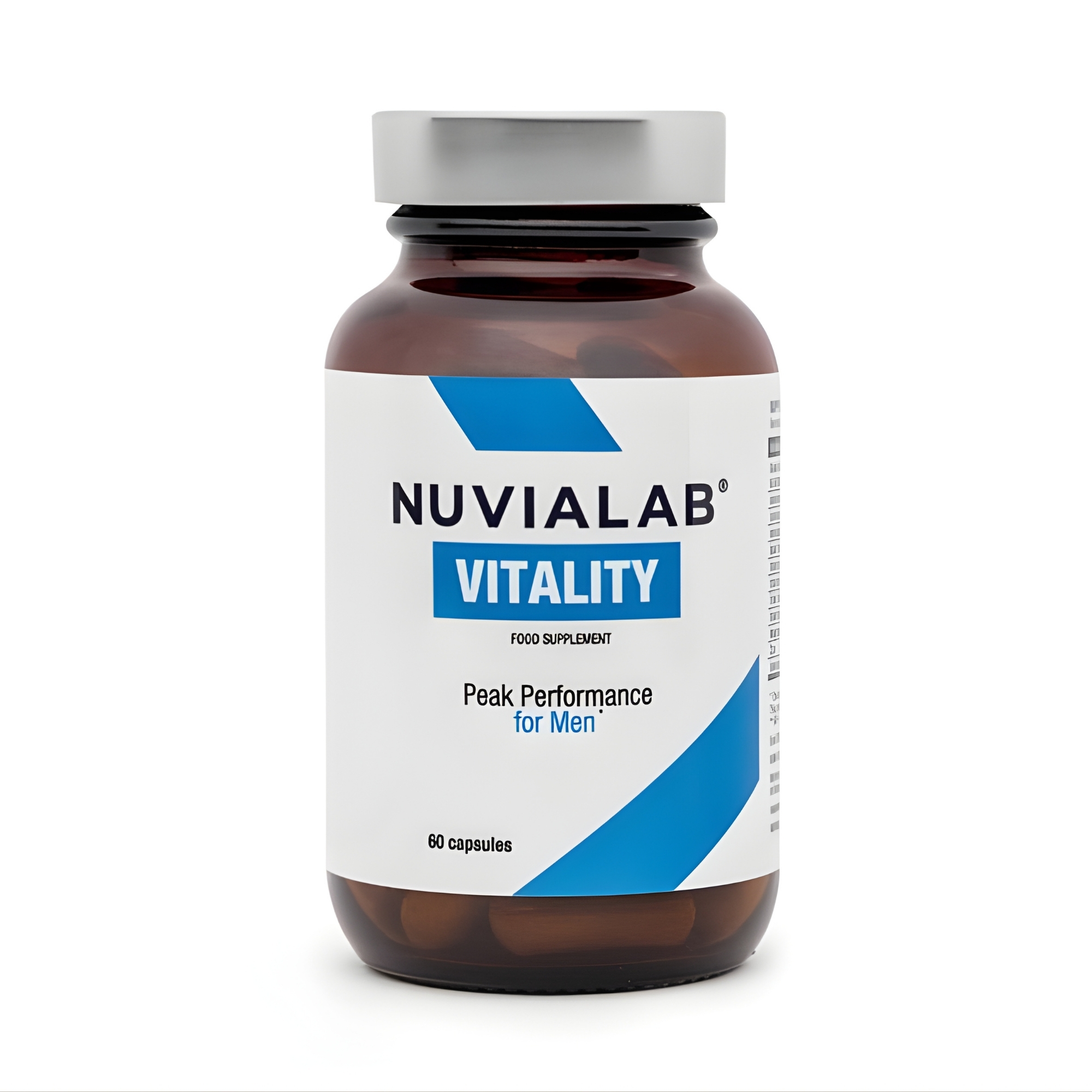 NuviaLab Vitality male vitality support supplement bottle, male vitality support capsules for energy, testosterone, erections, and fertility.