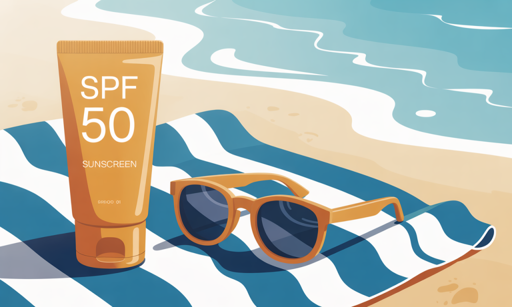 A tube of SPF 50 sunscreen on a beach towel with sunglasses.