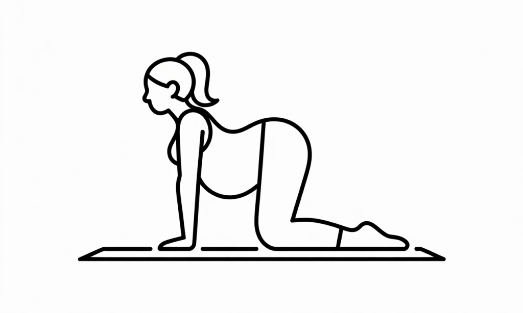 Pregnant woman doing a cat-cow stretch on a yoga mat.