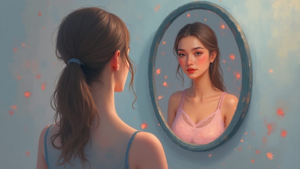 Person checking face in mirror with checklist of dry, red, itchy, and sensitive skin symptoms.