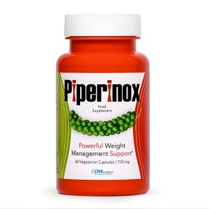 Piperinox red bottle and box with green pepper graphic, showcasing a piperine weight loss supplement for powerful weight management support.