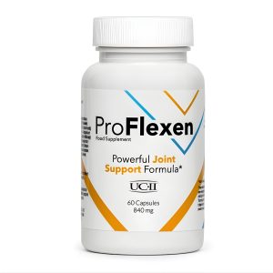ProFlexen joint support formula white bottle with orange and blue accents, joint support formula capsules for mobility and cartilage protection.