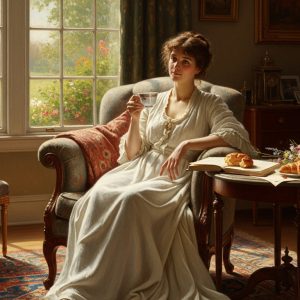A mother resting with a cup of tea and a journal in a sunlit room.