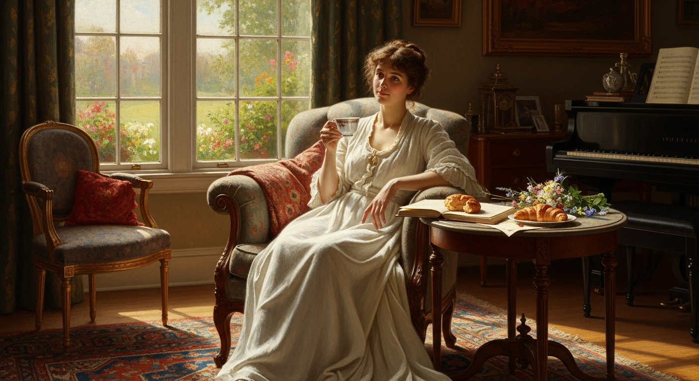 A mother resting with a cup of tea and a journal in a sunlit room.