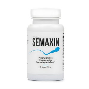 Semaxin male fertility support white bottle with blue sperm graphic, male fertility support capsules for erections and semen quality.
